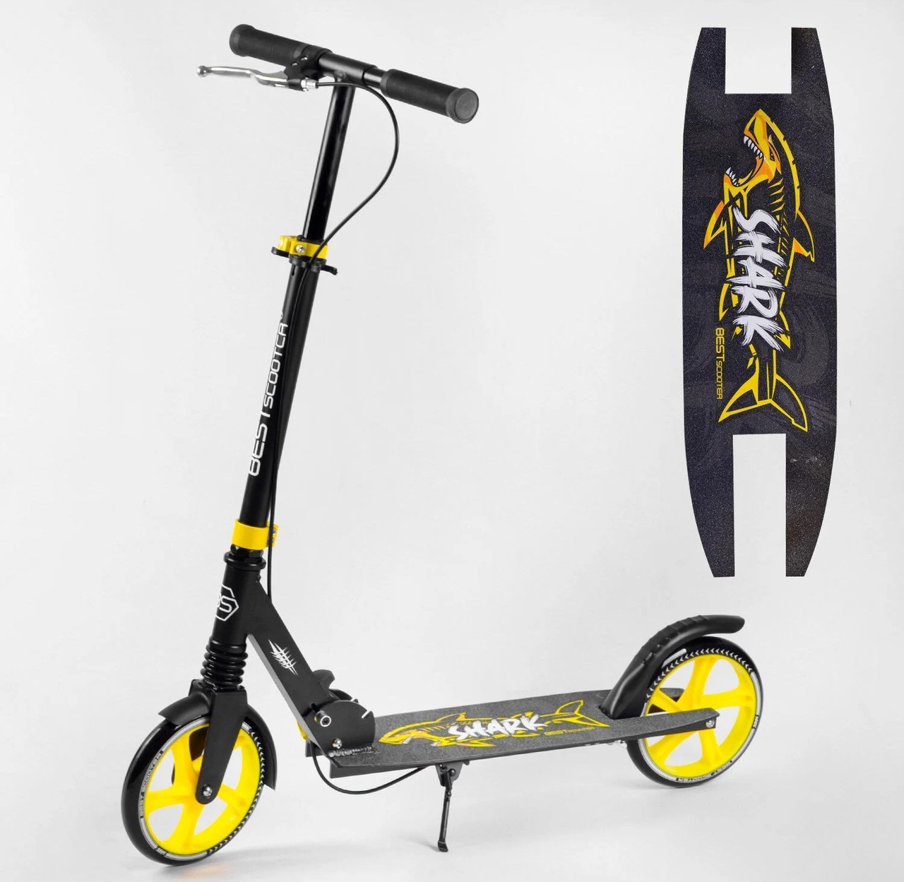 

Самокат двухколесный "Best Scooter" 20787 "SHARK" жел, с ручным тормозом, зажим руля, колеса PU - 20 см, 1 амортизатор, в коробке