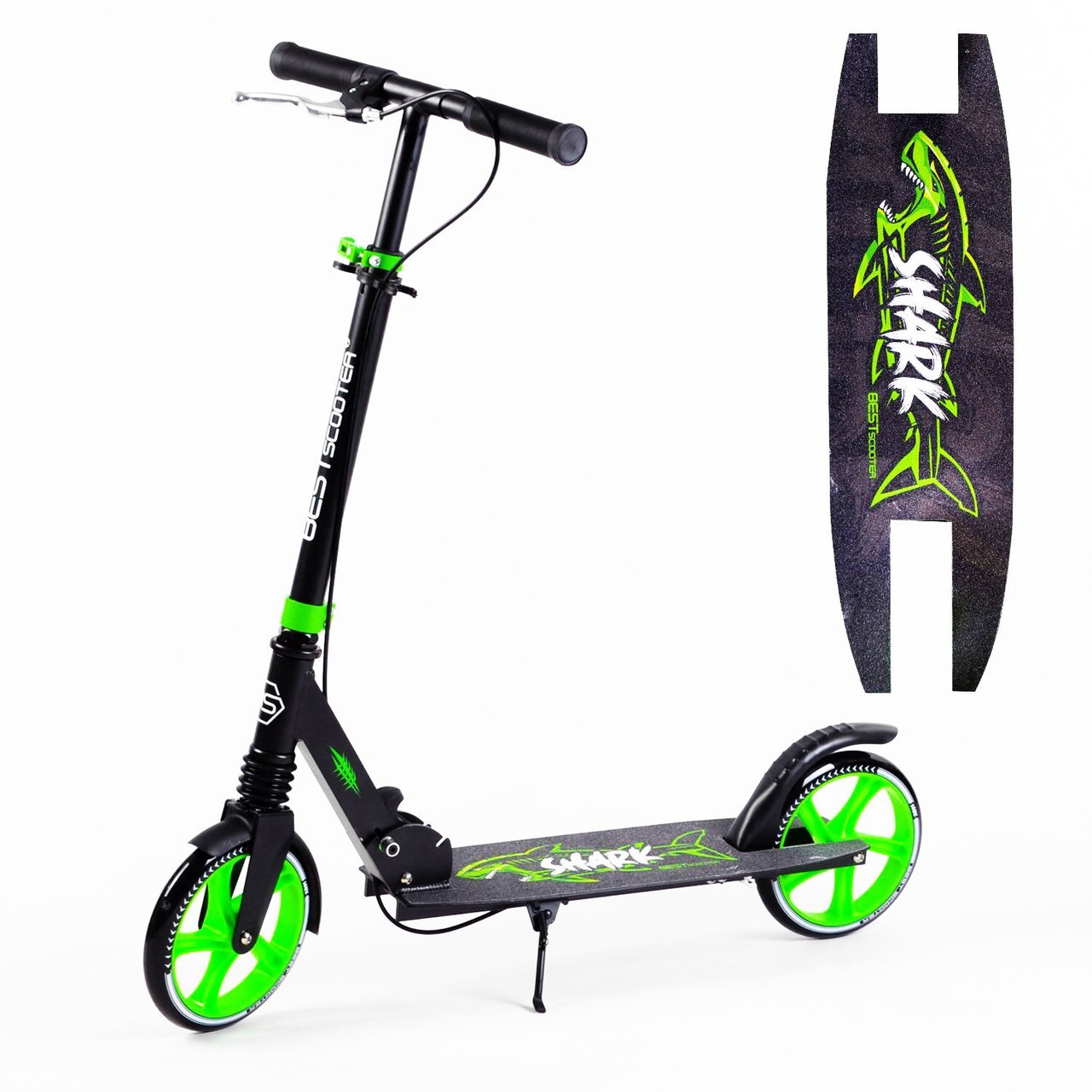 

Самокат двухколесный "Best Scooter" 18104 "SHARK" зел, с ручным тормозом, зажим руля, колеса PU - 20 см, 1 амортизатор, в коробке