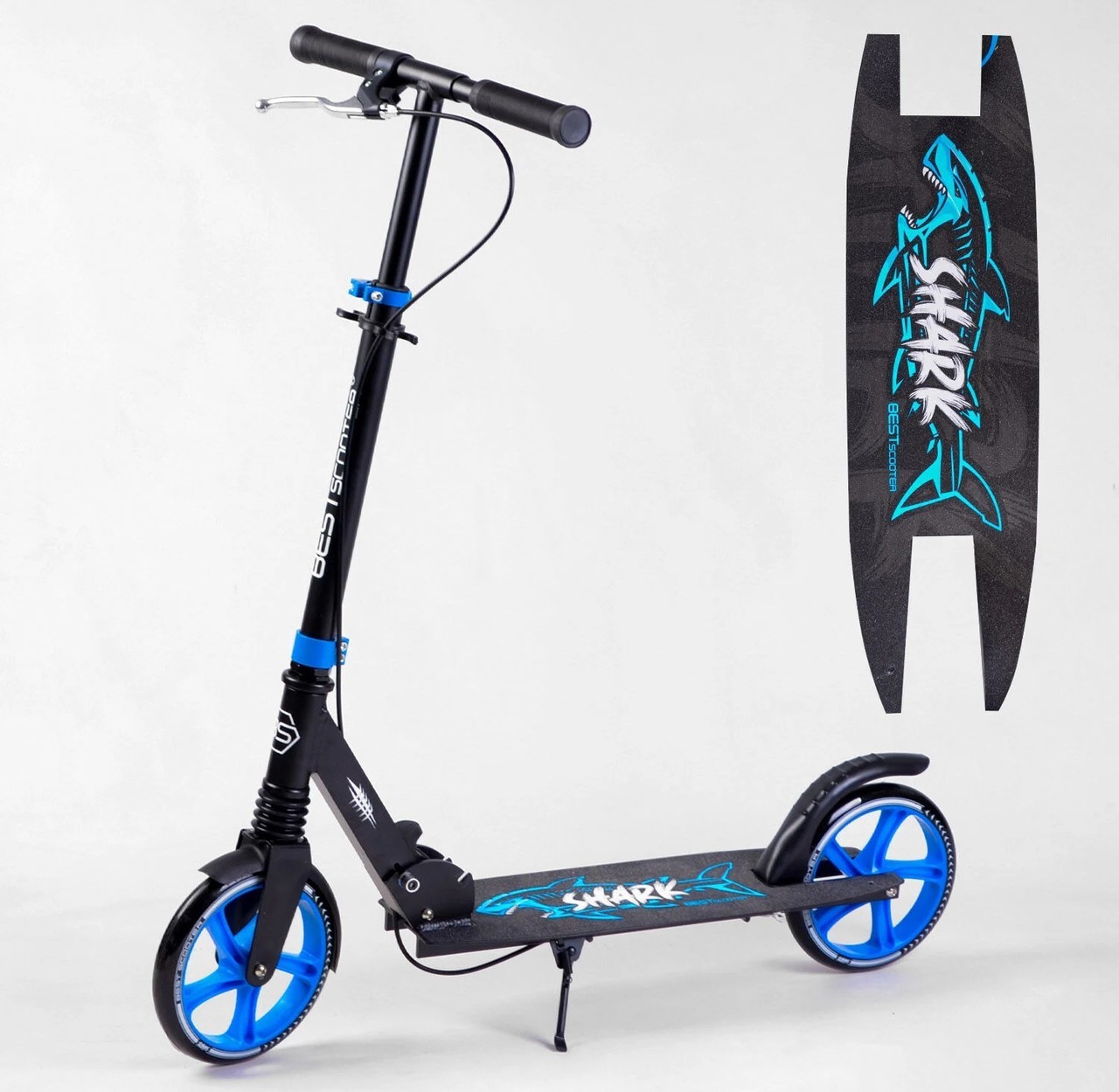 

Самокат двухколесный "Best Scooter" 19015 "SHARK" син, с ручным тормозом, зажим руля, колеса PU - 20 см, 1 амортизатор, в коробке