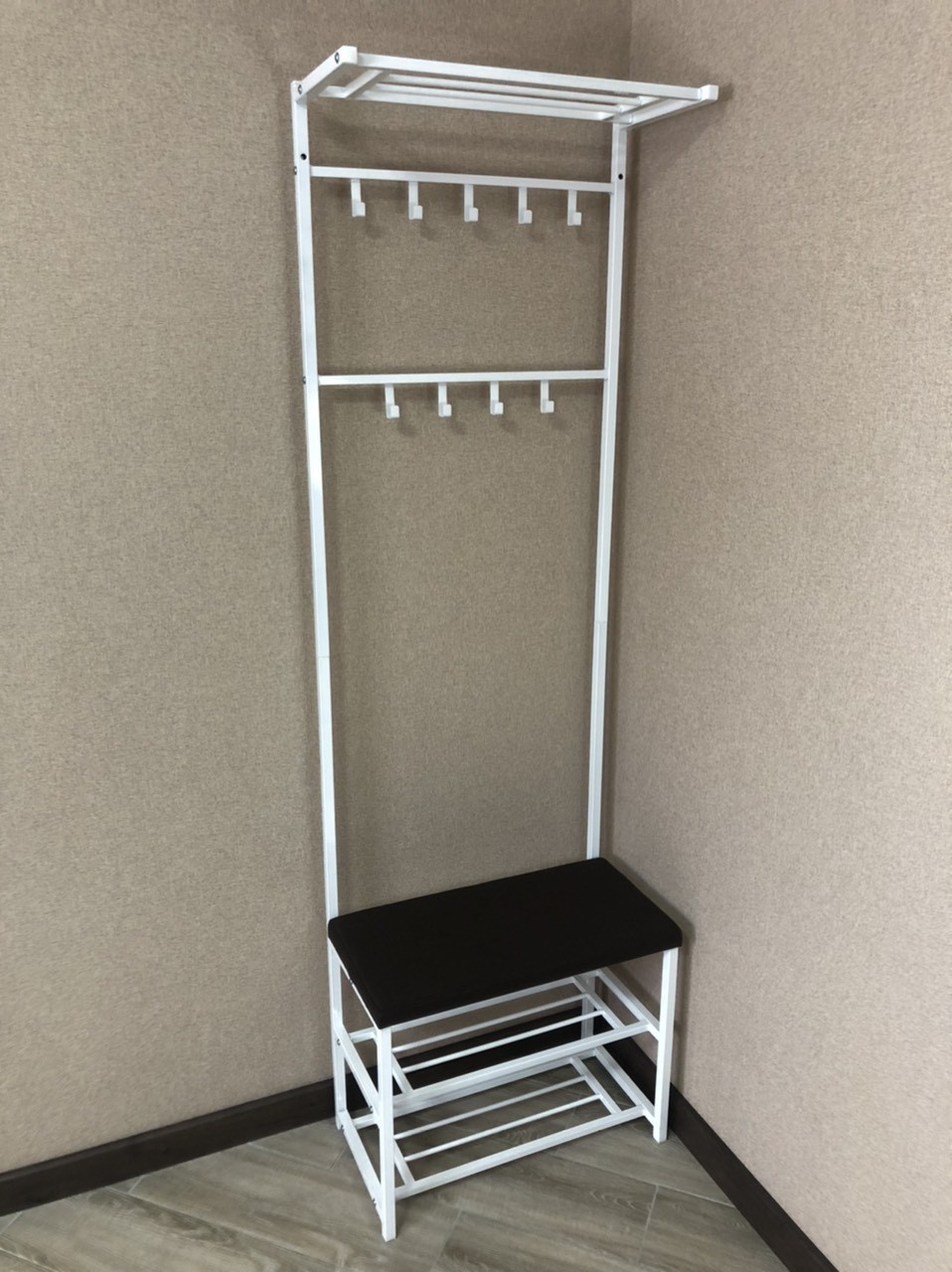 

Прихожая металлическая SUNRISE 3 60 см Белый каркас/Темно-коричневый пуф