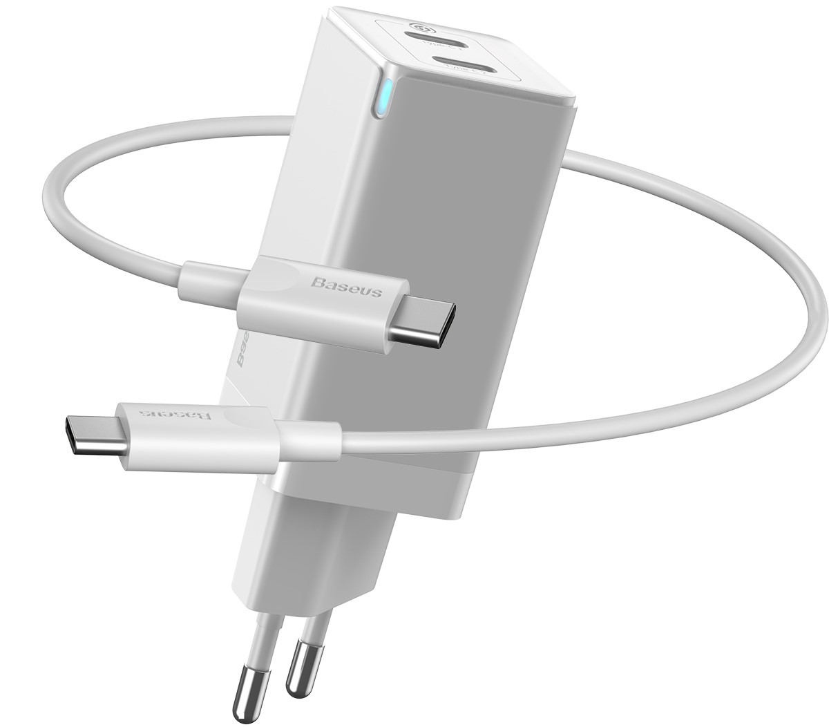 

Сетевое зарядное устройство Baseus GaN Mini PD3.0 45W 2Type-C 3A + кабель Baseus Type-C to Type-C 60W 20V/3A 1м Белый