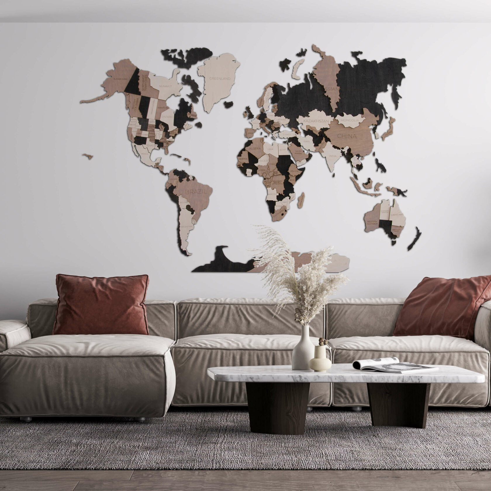 

Карта мира на стену из дерева 3Д Расширенная 150x108 см карта Кофе с молоком