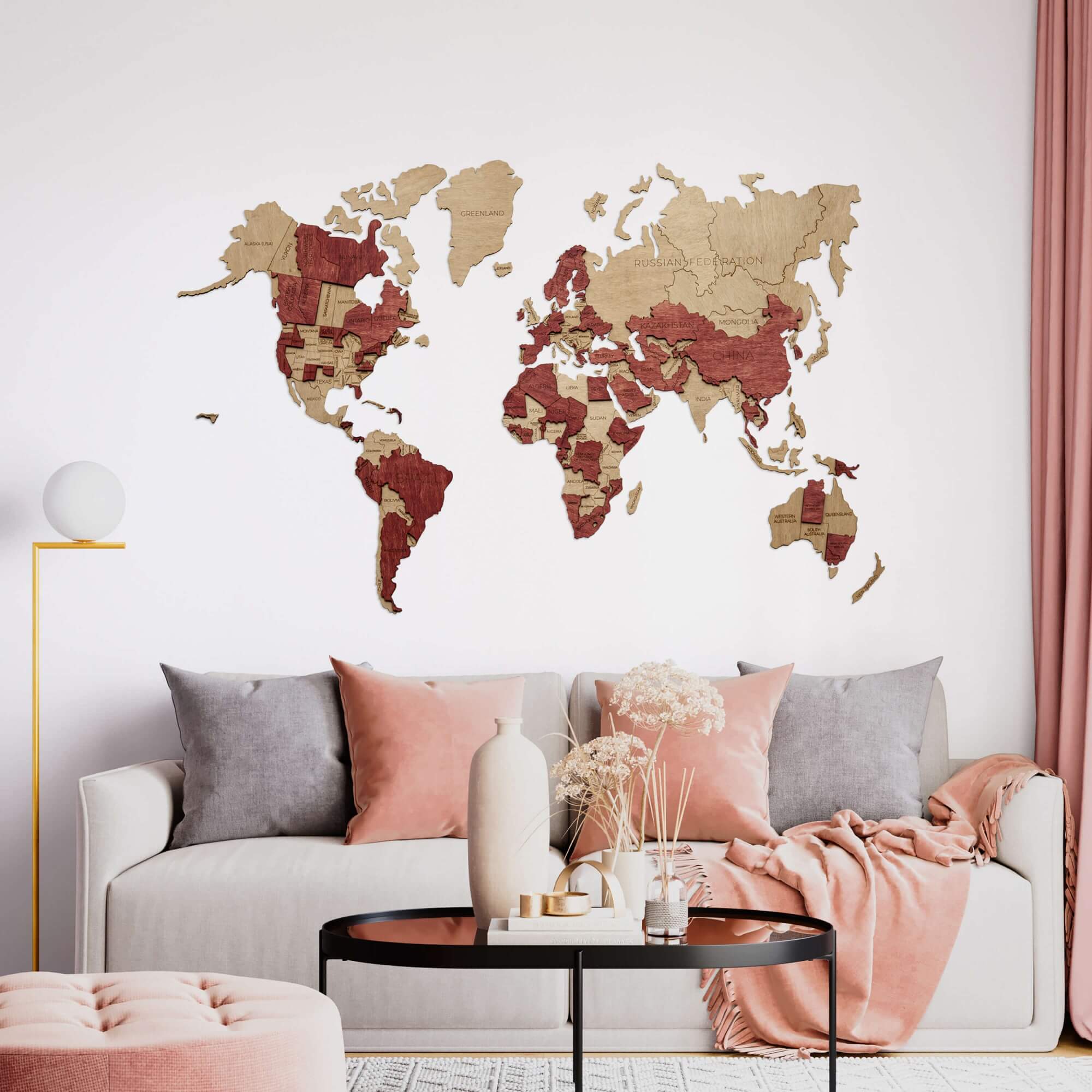 

Карта мира на стену из дерева 2,5D Расширенная 150x108 см карта Белый и красный