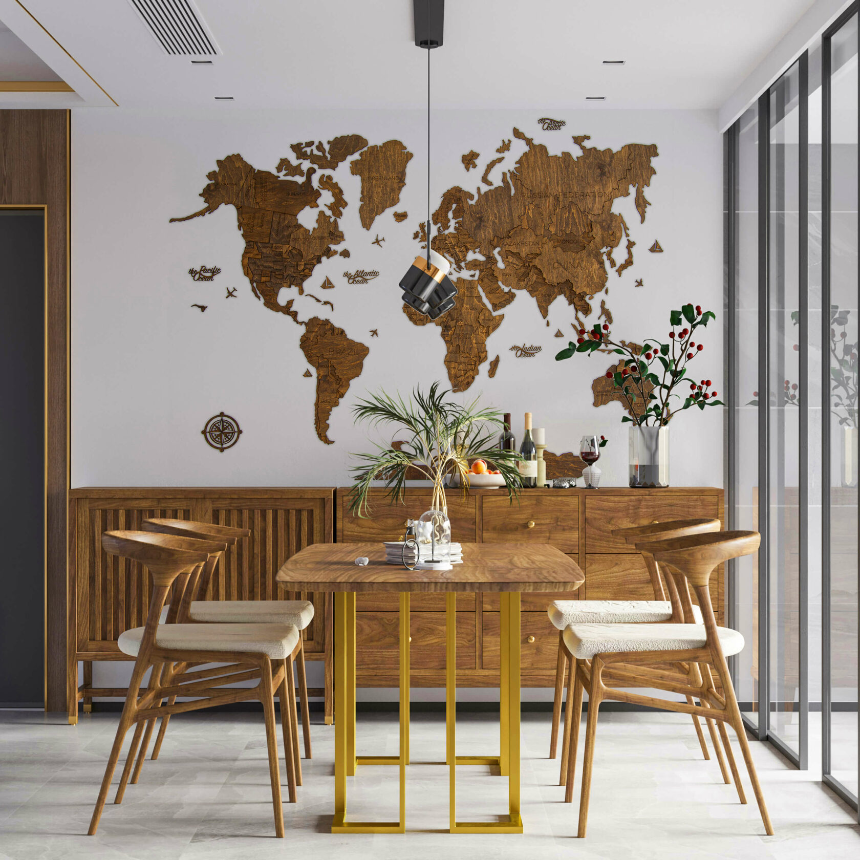 

Карта мира на стену из дерева 2,5D Расширенная 150x108 см карта Каштан