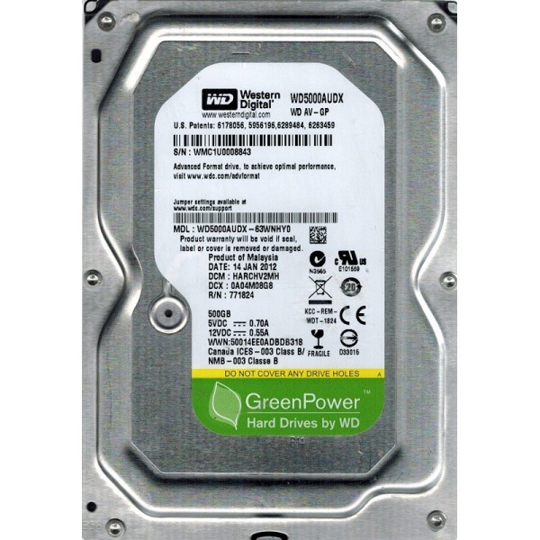 

HDD SATA 500GB WD AV-GP 32MB (WD5000AUDX) Refurbished