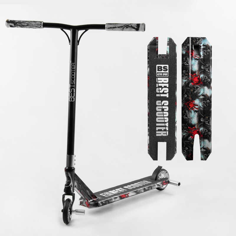 

Самокат трюковый Best Scooter BS-77101 HIC-система, пеги, алюминиевый диск и дека с ПРИНТОМ, колёса PU, d=110мм, ширина руля - 60 см