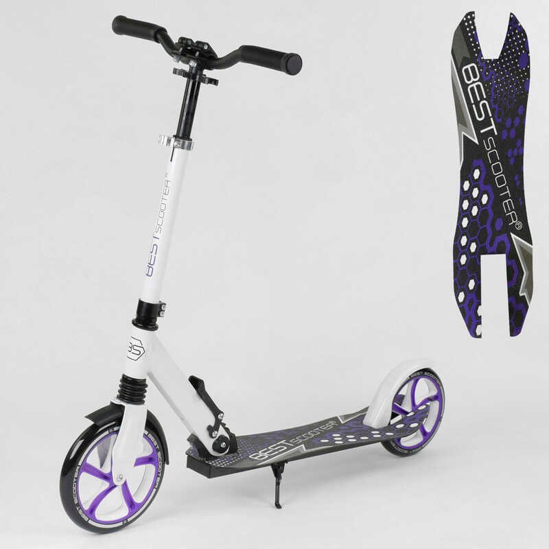 

Детский двухколесный самокат 91458 Best Scooter, белый с фиолетовым, зажим руля, переднее колесо PU - 230мм, заднее колесо PU - 200мм, 1 амортизатор