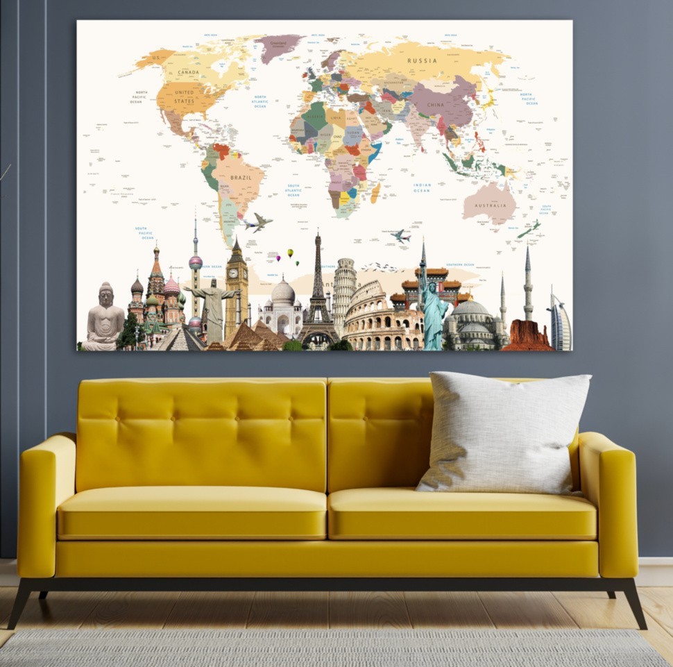 

Картина на холсте карта мира достопримечательности world map 60х90 см