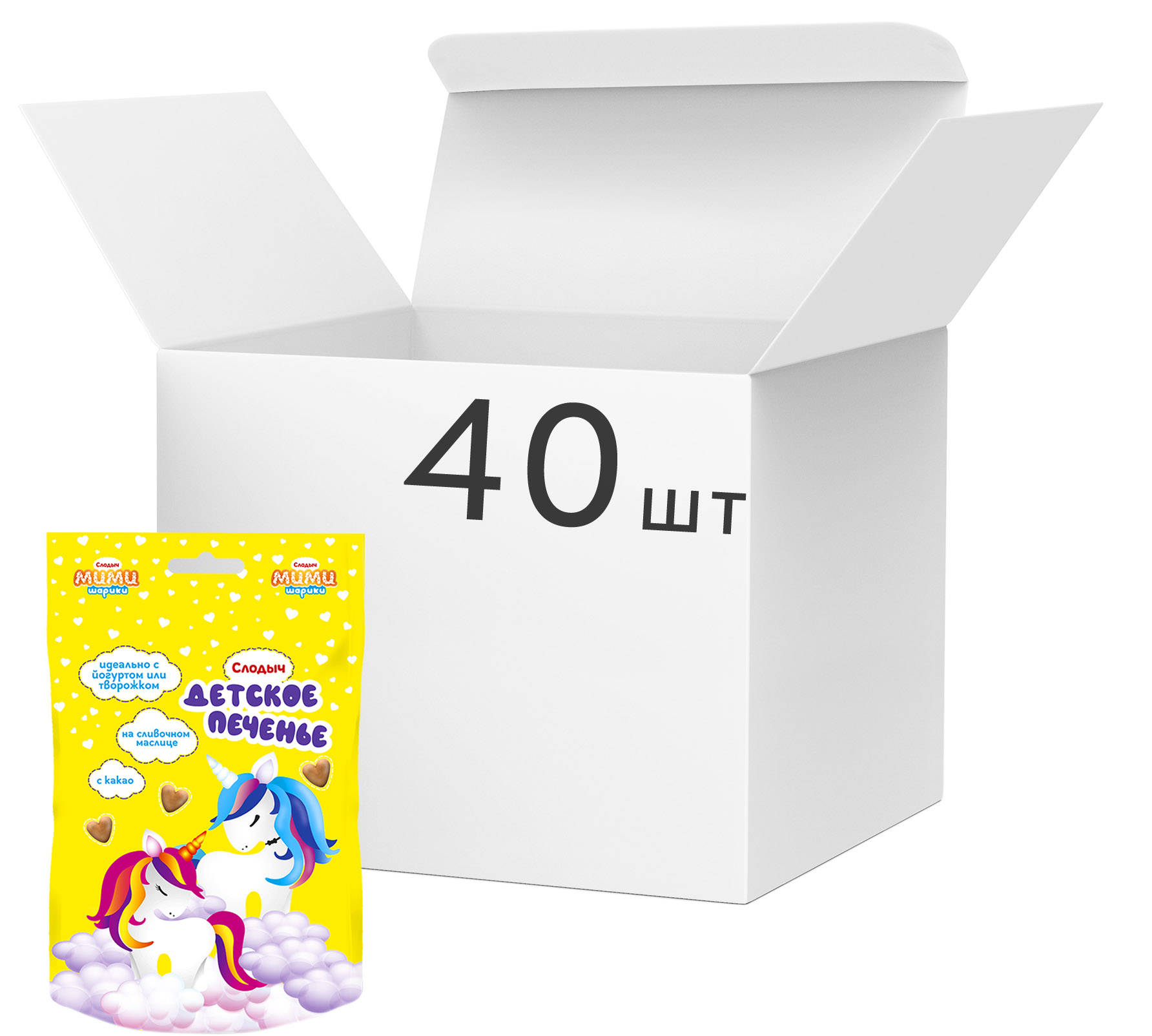 

Упаковка печенья Слодыч Мимишарики Единорог с какао 50 г х 40 шт (4810064023176)