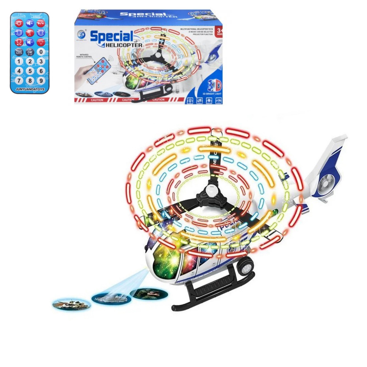 

Музыкальный светящийся Вертолет Junyandatoys, Игрушка с мелодиями, световыми эффектами, движением + пульт управления, белый
