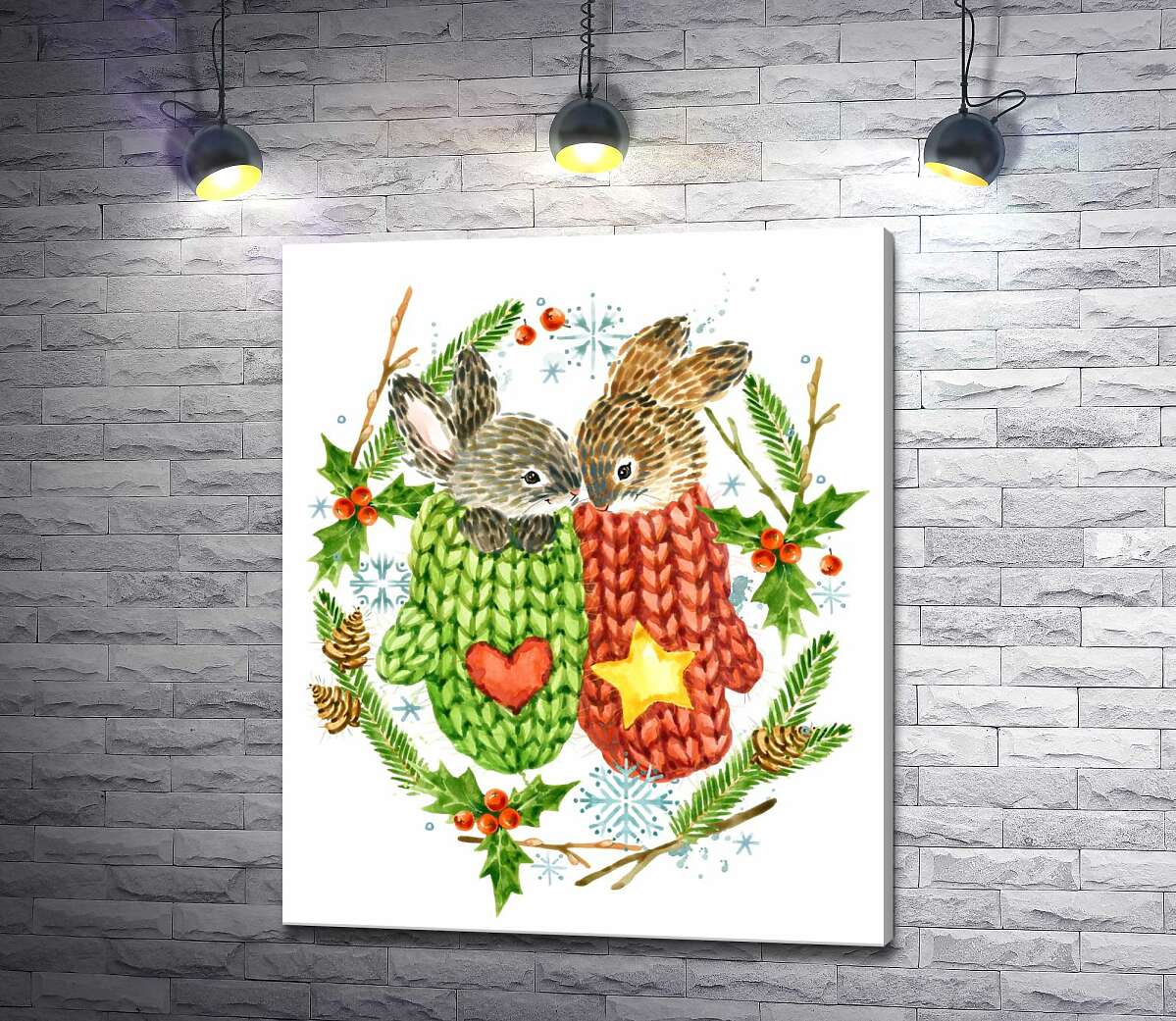 

Картина ArtPoster Венок из елки и остролиста окружил зайцев в вязаных свитерах 130x158 см Модуль №1