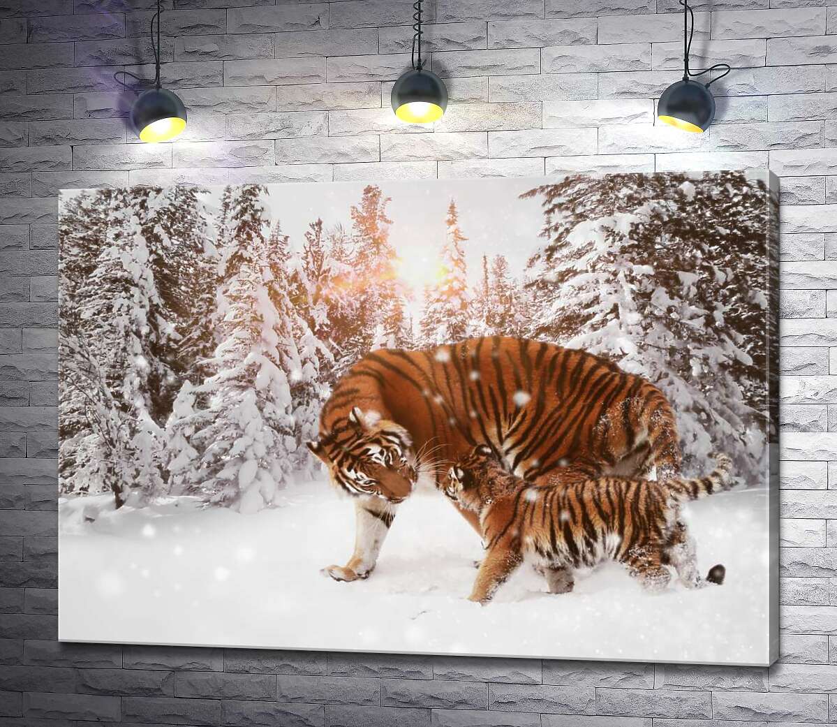 

Картина ArtPoster Амурские тигры: мать с детенышем прогуливаются по заснеженному лесу 100x71 см Модуль №1