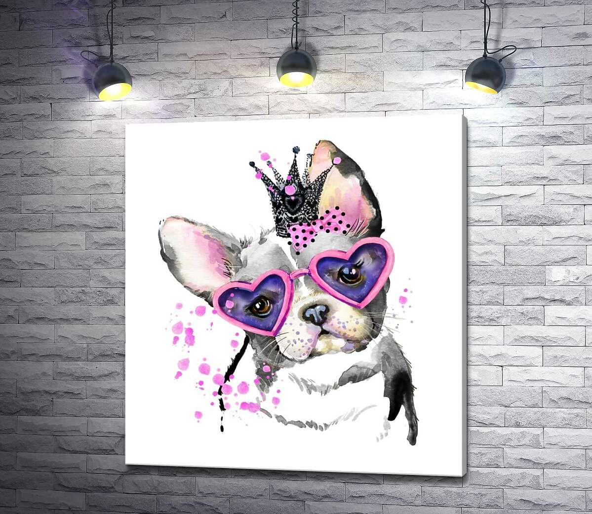 

Картина ArtPoster Гламурный французский бульдог с розовым бантом, короной и в очках 100x109 см Модуль №1