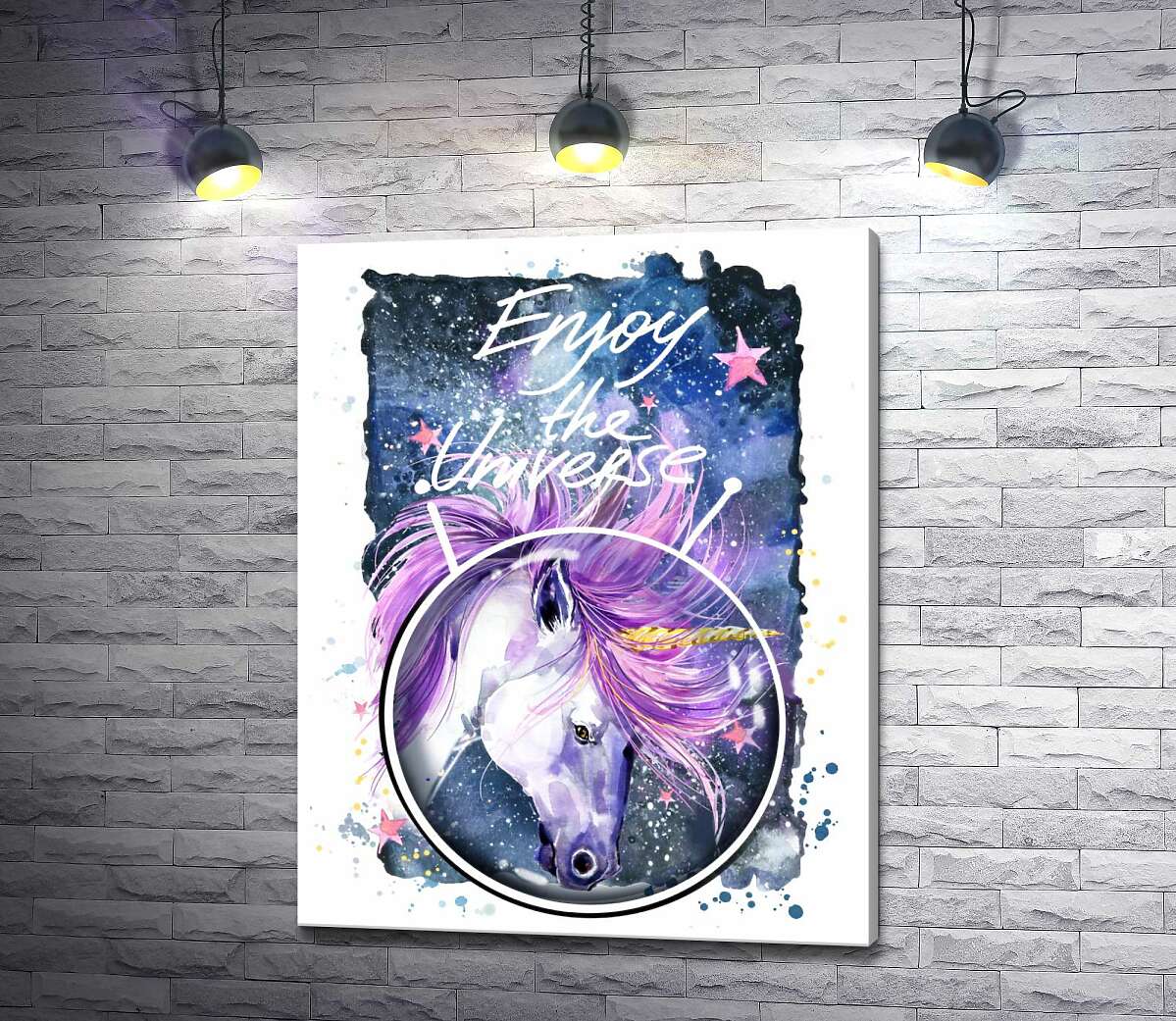 

Картина ArtPoster Белый единорог в шлеме среди космоса с надписью "Enjoy the Universe" 100x128 см Модуль №1