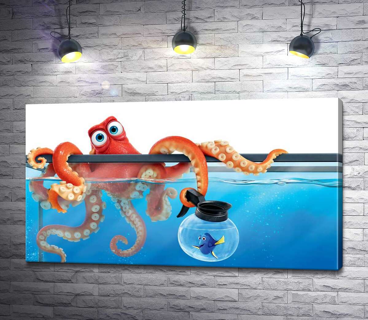 

Картина ArtPoster Герои мультфильма "В поисках Дори" (Finding Dory) осьминог Хэнк и рыба Дори в аквариумах 130x73 см Модуль №1
