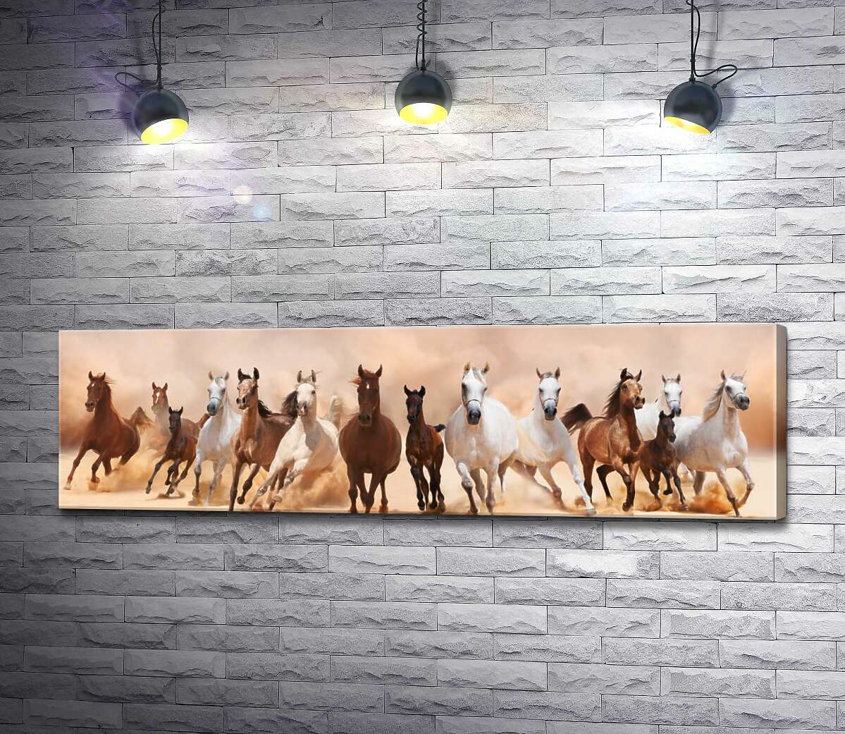 

Картина ArtPoster Гнедые и белые кони грациозно скачут в табуне 130x38 см Модуль №1