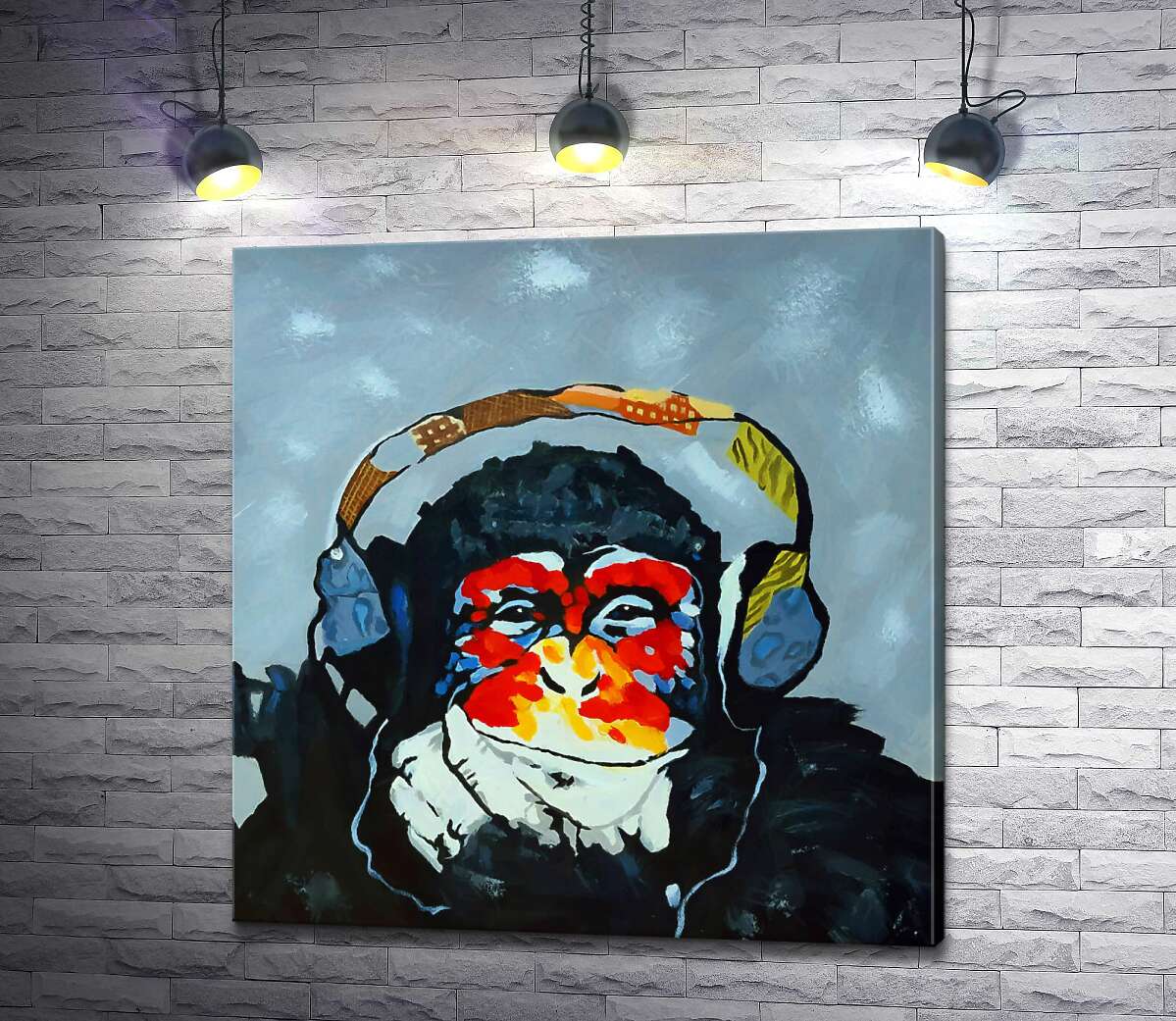 

Картина ArtPoster Горилла задумчиво слушает музыку в наушниках 100x104 см Модуль №1