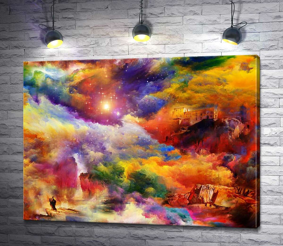 

Картина ArtPoster Дом над обрывом и скалистый водопад спрятались в мареве радужных облаков 130x98 см Модуль №1