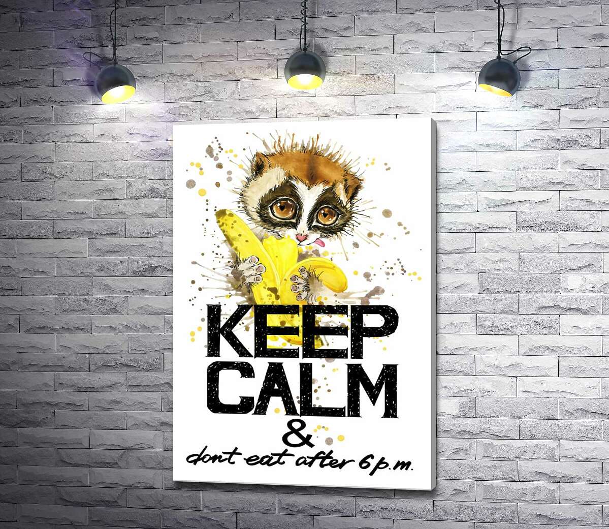 

Картина ArtPoster Маленький лемур ест банан над надписью "keep calm and don't eat after 6 p.m." 50x73 см Модуль №1
