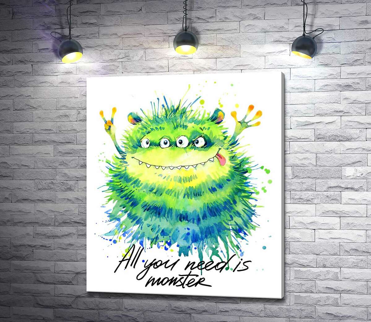 

Картина ArtPoster Зеленый четырехглазый монстр с надписью "all you need is monster" 130x154 см Модуль №1