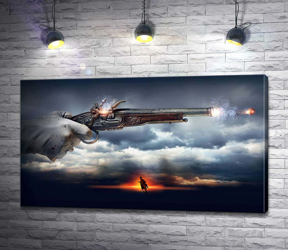

Картина ArtPoster Кавалер стреляет из пистолета на фоне грозовых облаков 130x75 см Модуль №1