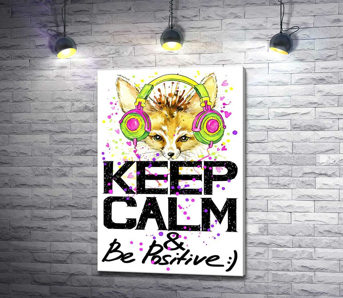 

Картина ArtPoster Лиса фенек в ярких наушниках над надписью "keep calm and be positive" 100x146 см Модуль №1