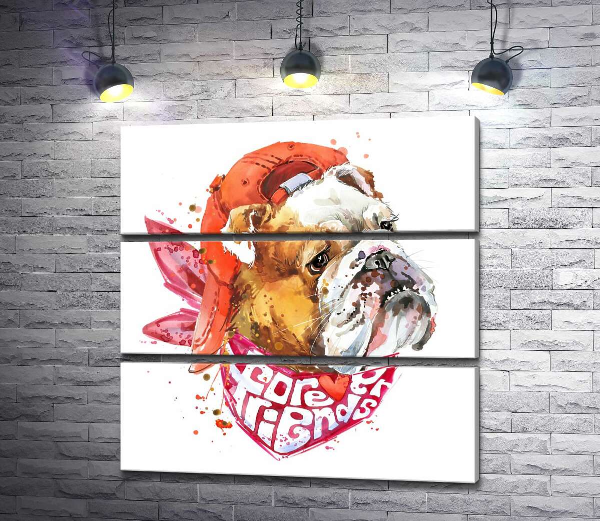 

Модульная картина ArtPoster Английский бульдог в красной кепке и платке с надписью "forever friends" 60x60 см Модуль №13