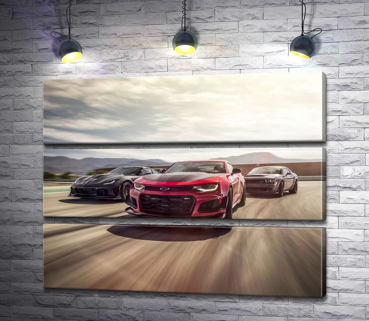 

Модульная картина ArtPoster Chevrolet Camaro ZL1 едет во главе спортивных автомобилей 130x102 см Модуль №13
