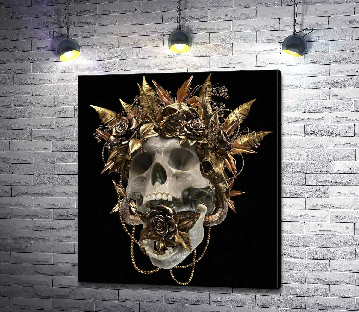 

Картина ArtPoster Человеческий череп в золотом венке из роз 100x111 см Модуль №1