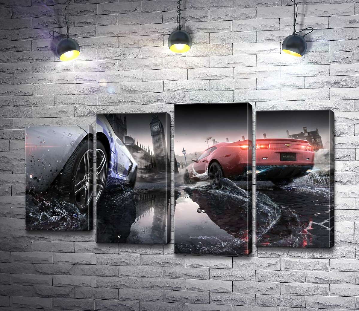 

Модульная картина ArtPoster Азарт от гонок на автомобилях по лужам туманного Лондона 132x75 см Модуль №21
