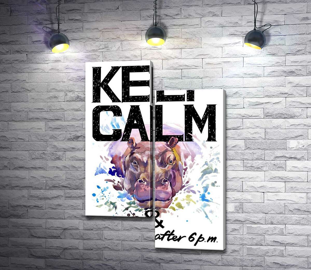 

Модульная картина ArtPoster Бегемот выглядывает из воды между надписью "keep calm and don't eat after 6 p.m." 130x191 см Модуль №5
