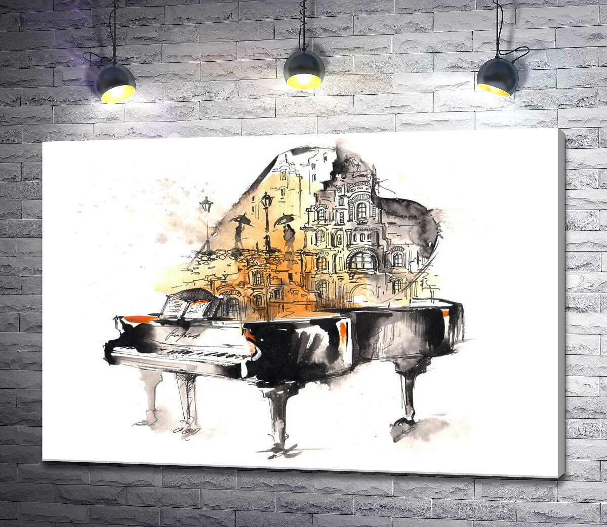 

Картина ArtPoster Улица дождливого города на силуэте рояля 130x89 см Модуль №1