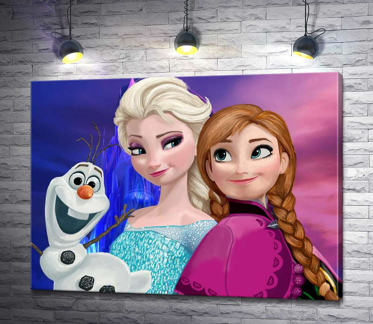 

Картина ArtPoster Сестры Анна, Эльза и забавный снеговик Олаф – герои мультфильма "Холодное сердце" 100x75 см Модуль №1