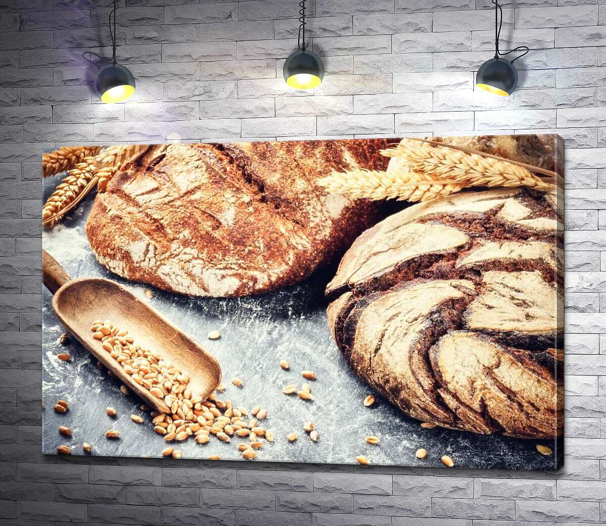 

Картина ArtPoster Хрустящие буханки хлеба среди колосьев и зерен пшеницы 100x66 см Модуль №1