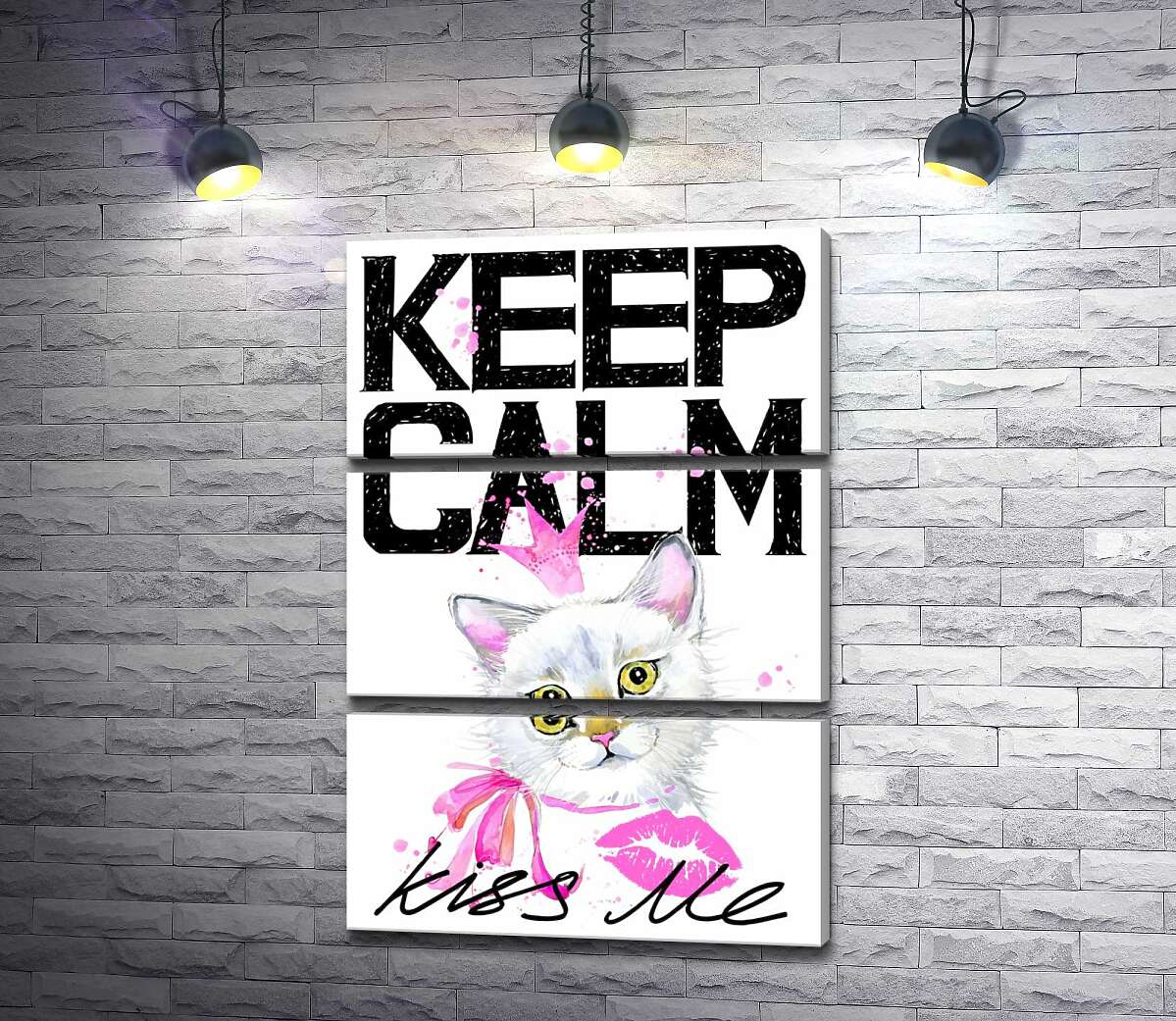 

Модульная картина ArtPoster Белая кошка-принцесса среди надписи "keep calm and kiss me" 50x75 см Модуль №13