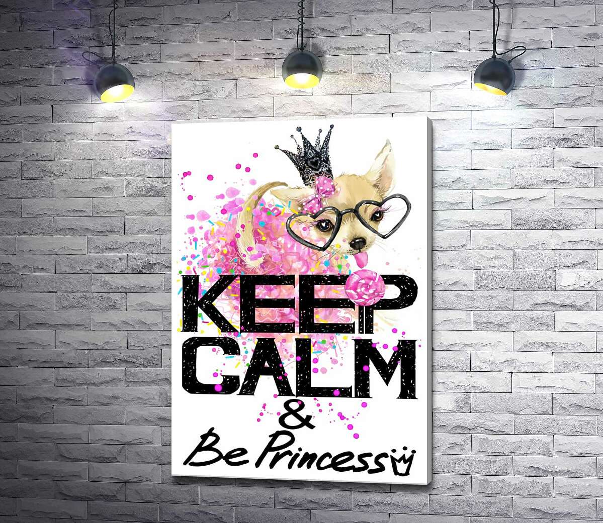 

Картина ArtPoster Чихуахуа в пышной юбке с леденцом среди надписи "keep calm and be princess" 100x146 см Модуль №1