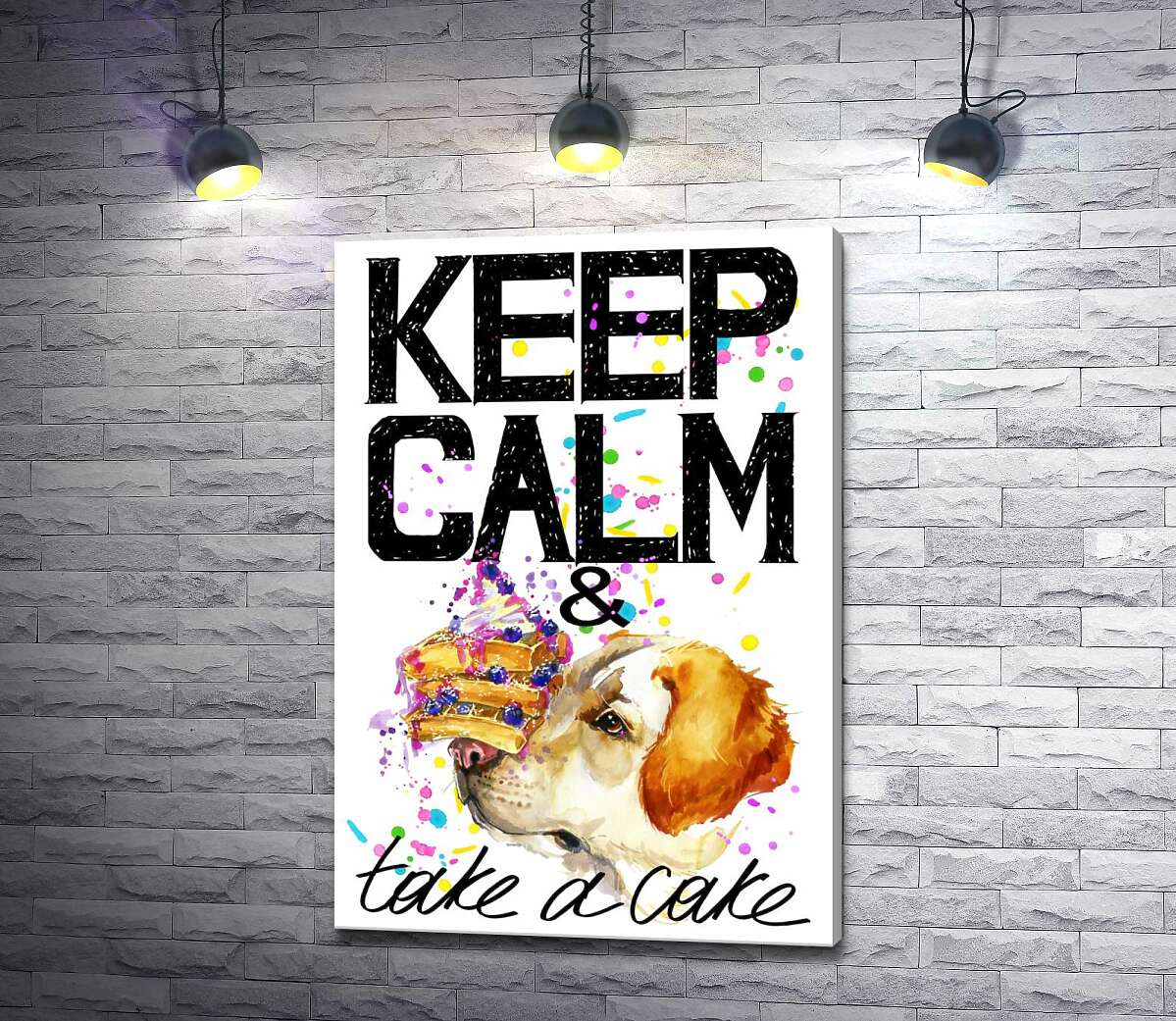 

Картина ArtPoster Собака с тортом на носу среди надписи " keep calm and take a cake " 50x73 см Модуль №1