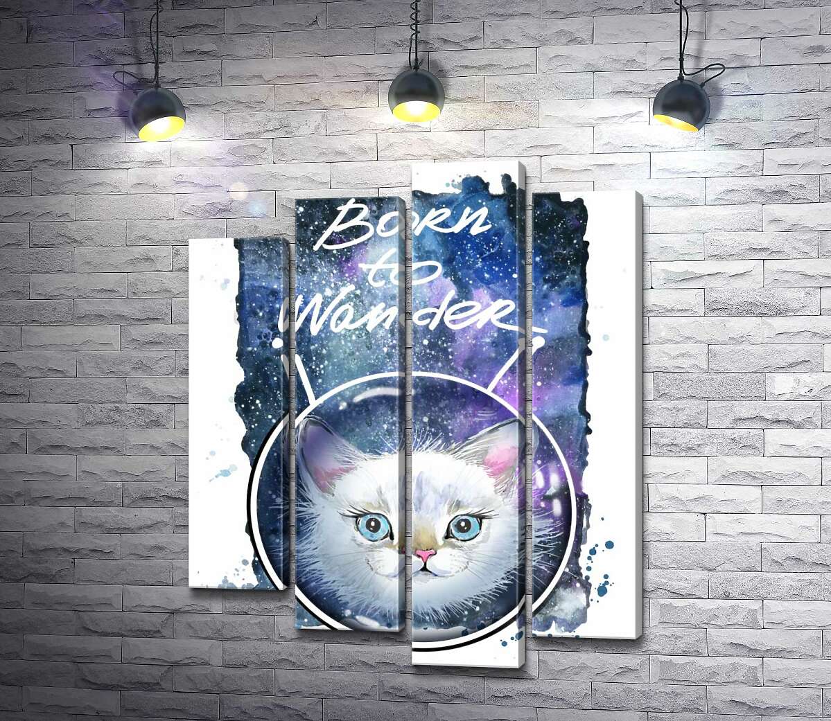 

Модульная картина ArtPoster Белая кошечка в космическом шлеме под надписью "born to wander" 100x130 см Модуль №21