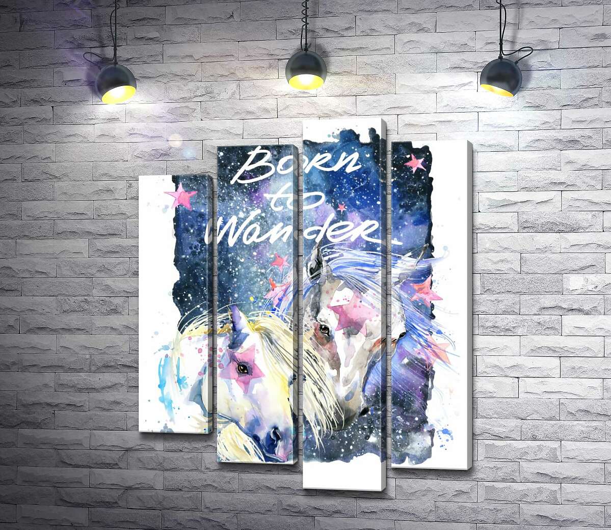 

Модульная картина ArtPoster Белые кони со звездными отметинами в космосе с надписью "born to wander" 100x130 см Модуль №21