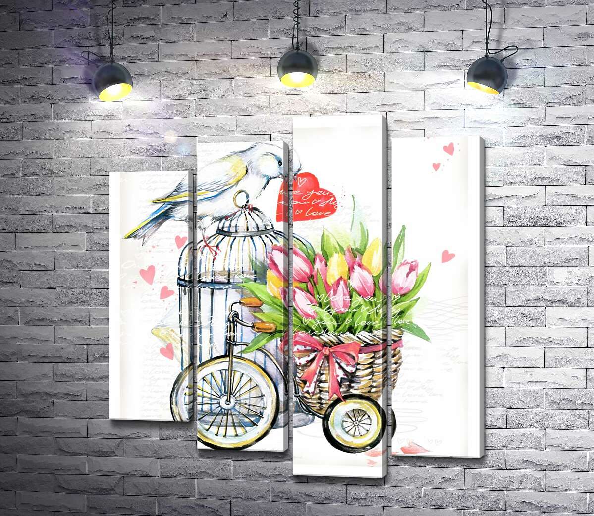 

Модульная картина ArtPoster Белая птица держит сердце в клюве рядом с корзиной весенних тюльпанов на велосипеде 132x144 см Модуль №21