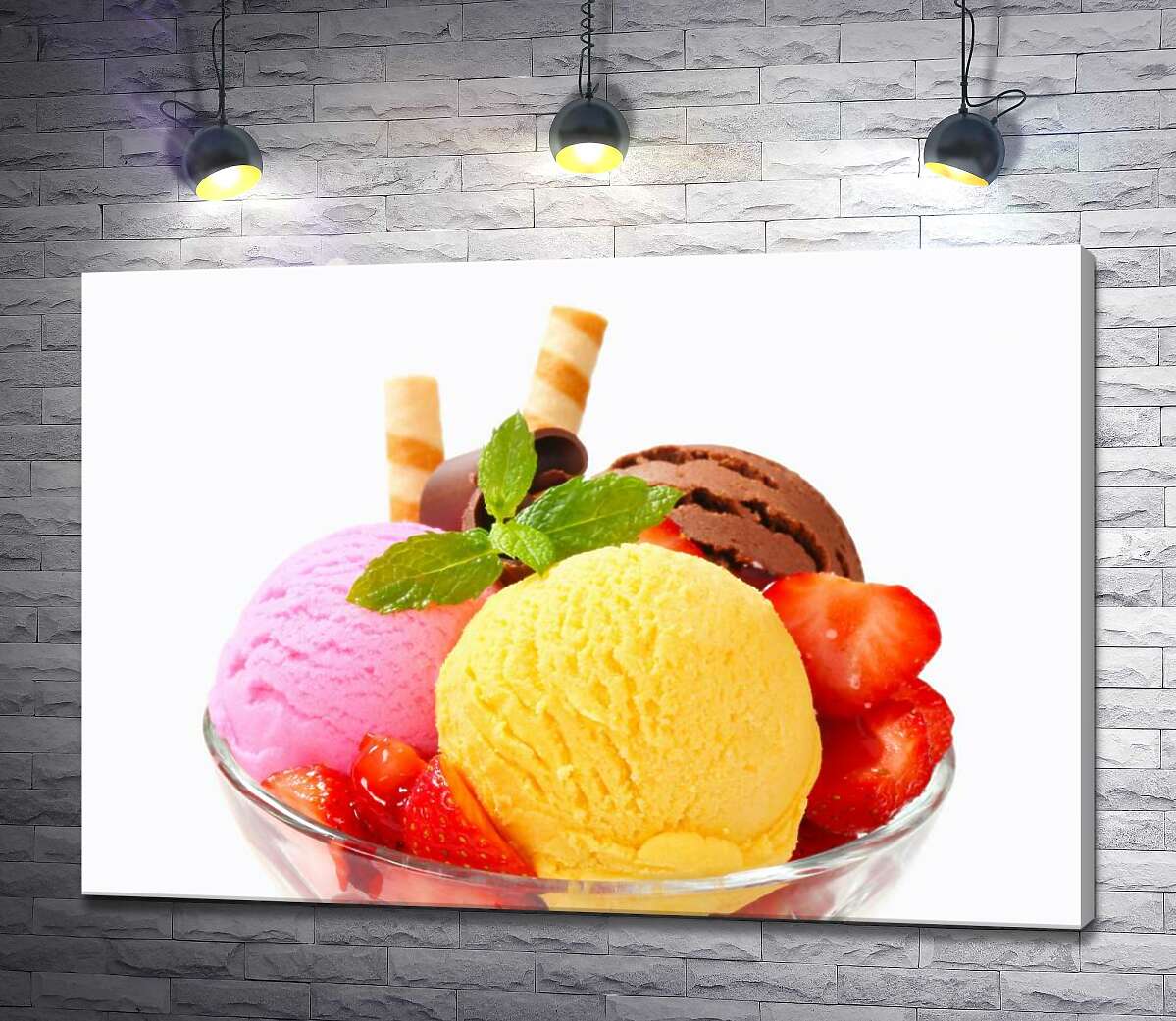 

Картина ArtPoster Цветные шарики мороженого с кусочками клубники, шоколадом и мятой 130x90 см Модуль №1