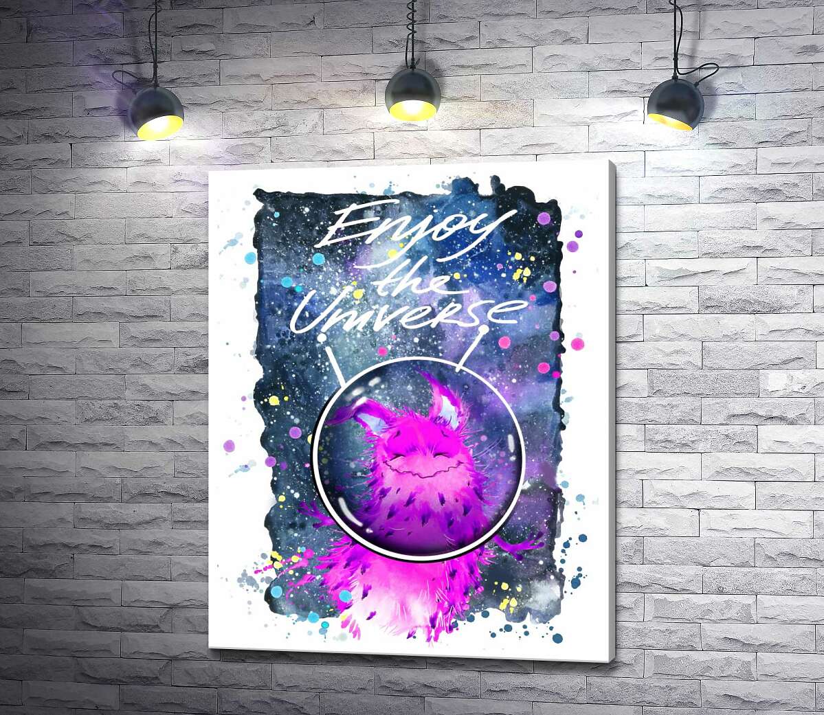 

Картина ArtPoster Розовый монстр в шлеме возле надписи "Enjoy the Universe" 130x166 см Модуль №1