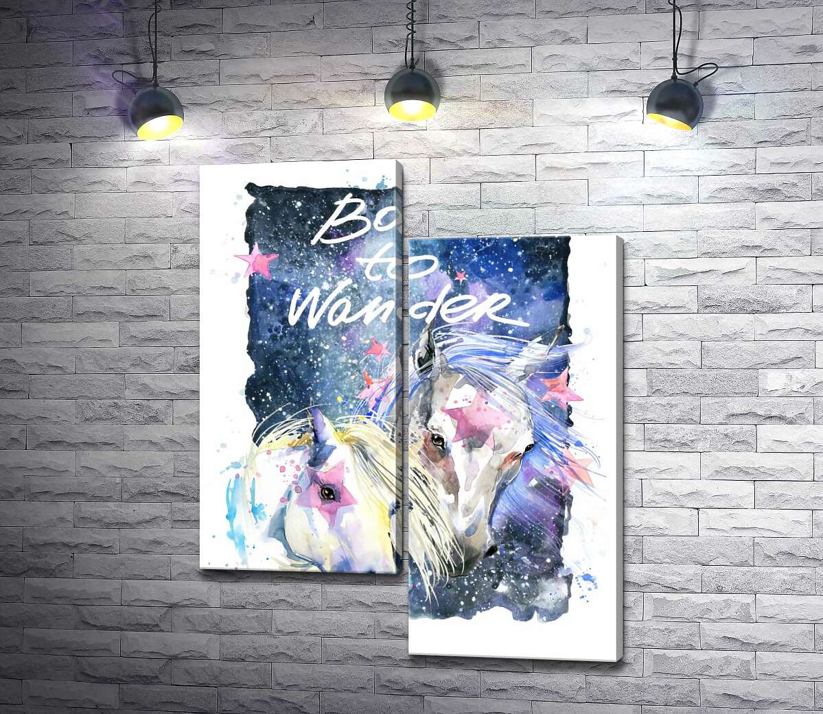 

Модульная картина ArtPoster Белые кони со звездными отметинами в космосе с надписью "born to wander" 100x129 см Модуль №5