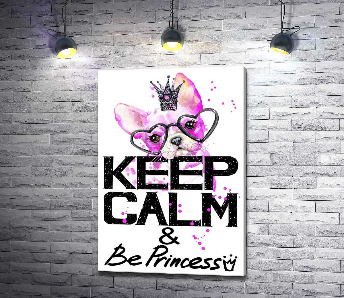 

Картина ArtPoster Розовый бульдог в очках и короне над надписью "keep calm and be princess" 100x146 см Модуль №1
