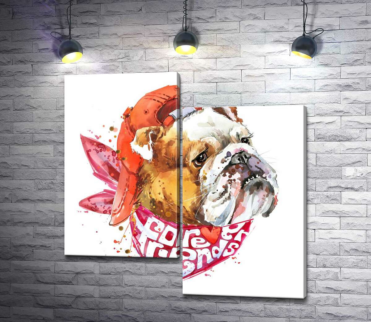 

Модульная картина ArtPoster Английский бульдог в красной кепке и платке с надписью "forever friends" 130x131 см Модуль №5