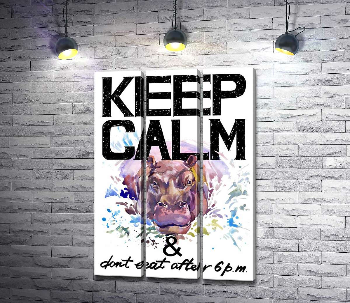 

Модульная картина ArtPoster Бегемот выглядывает из воды между надписью "keep calm and don't eat after 6 p.m." 102x146 см Модуль №11