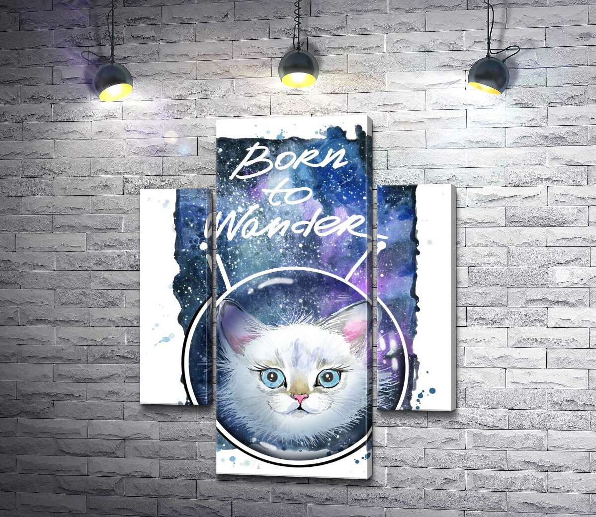 

Модульная картина ArtPoster Белая кошечка в космическом шлеме под надписью "born to wander" 80x104 см Модуль №7
