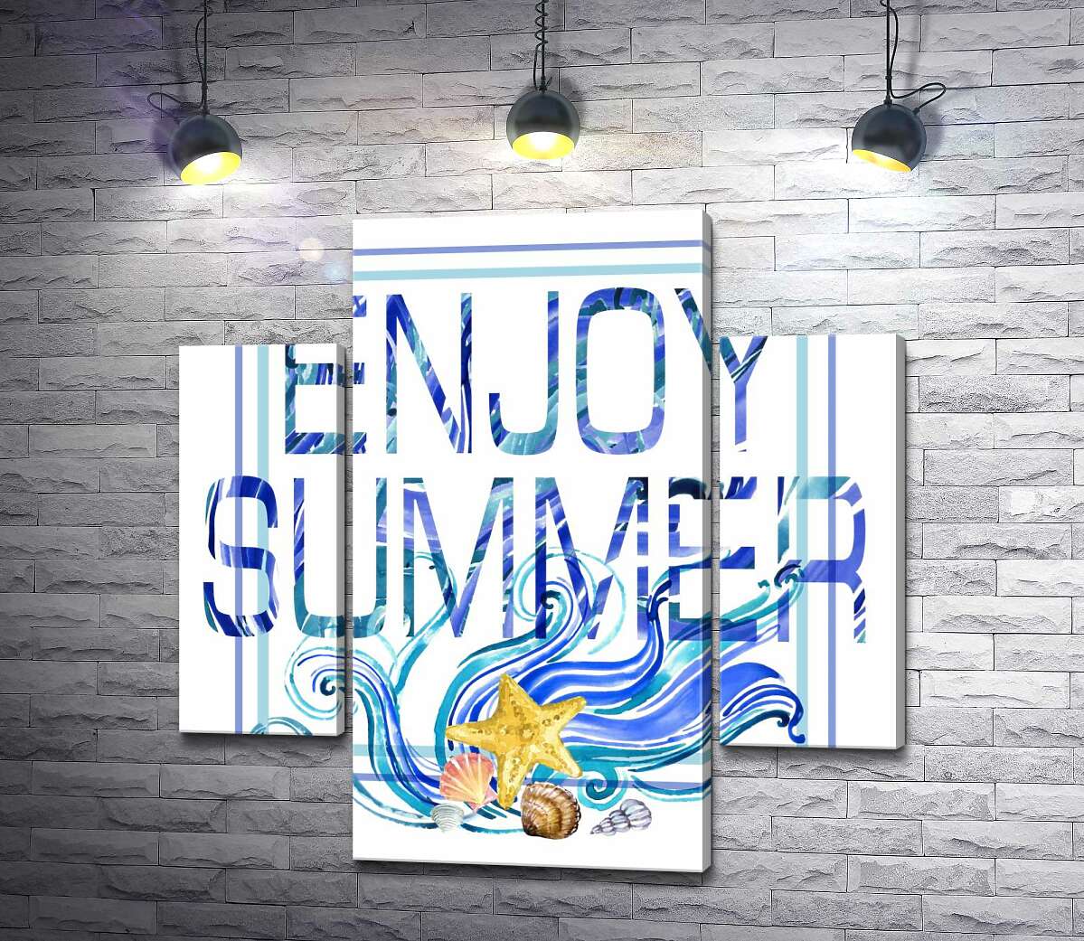 

Модульная картина ArtPoster Голубая рамка с морскими волнами и ракушками окружила надпись "enjoy summer" 100x100 см Модуль №7