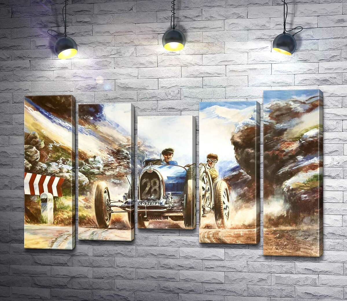 

Модульная картина ArtPoster Гоночный автомобиль Bugatti Type 35 на трассе среди заснеженных Альп 130x84 см Модуль №28