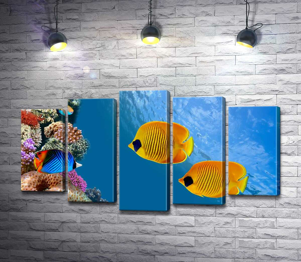 

Модульная картина ArtPoster Желтые рыбы-бабочки плавают среди острова кораллов 130x73 см Модуль №26